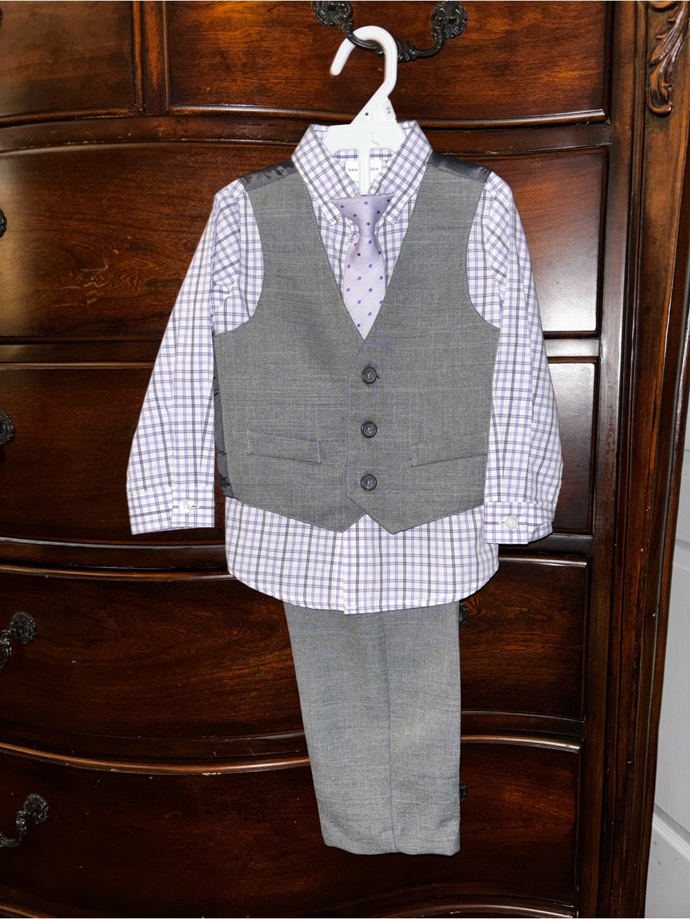 Van Heusen Gray Vest & Pants with Lilac Plaid Shirt and Lilac Tie